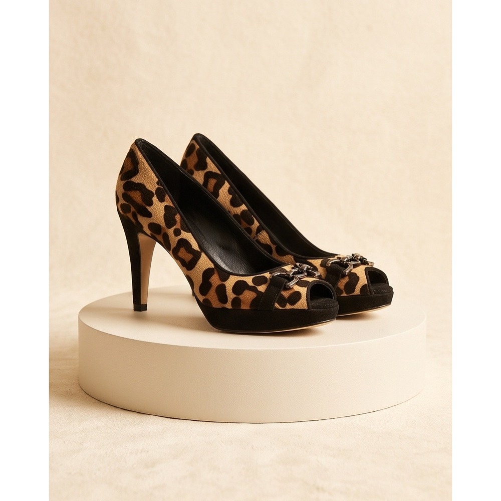 Chico's 7M Leopard Print Calf Hair Peep Toe Platform Pumps Heels Y8-003